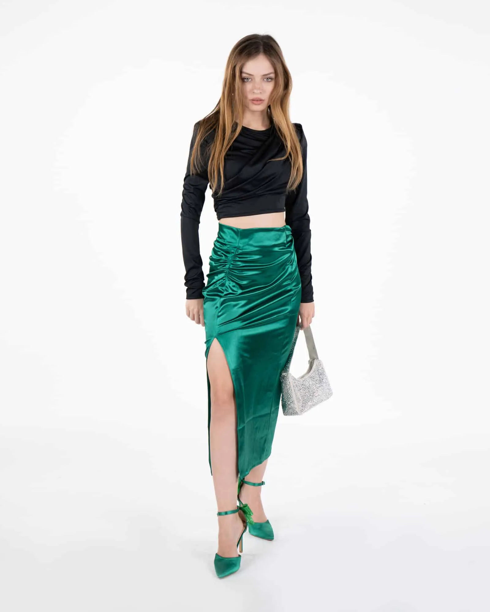 Gonna midi satinata verde