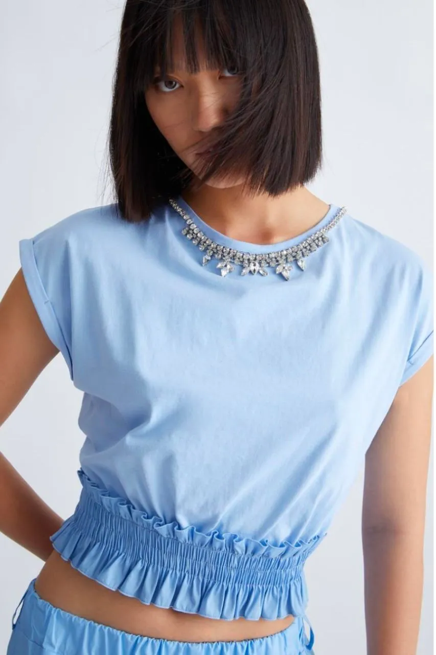 T-Shirt with Jewel / Light Blue Applications